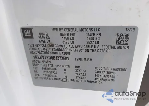 2011 GMC Acadia Denali z USA, uszkodzony, nr VIN 1GKKVTED0BJ273691